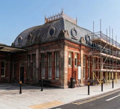 Historic brick building with domed roof undergoing renovation, featuring ornate architecture and construction scaffolding
