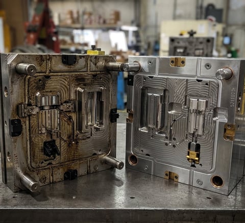 Two injection molds side by side on a workbench, one worn and weathered, the other clean and new, in an industrial workshop setting