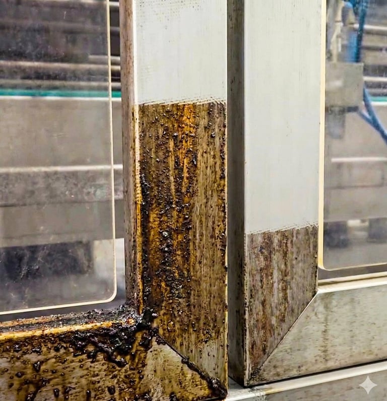 Close-up of severe rust and corrosion on white painted metal window frames and trim