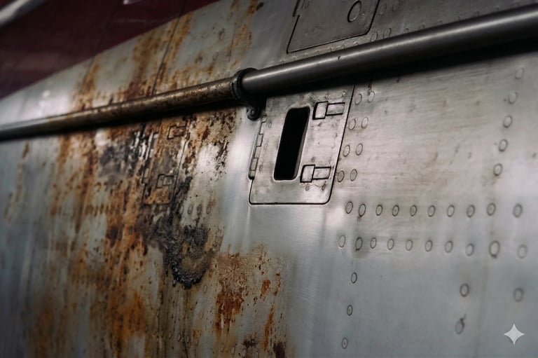 Closeup of weathered aircraft fuselage with rust and corrosion next to a metallic panel with rivets and a rectangular access door