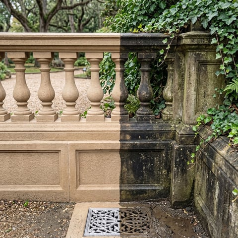 Stone balustrade with decorative balusters and weathered stone pillars, surrounded by ivy vines and climbing greenery