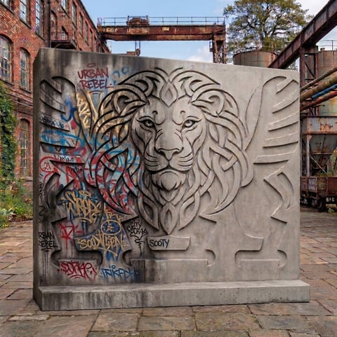 Large concrete column with detailed lion head relief sculpture and colorful graffiti tags in an industrial urban courtyard