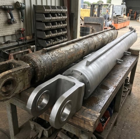 Industrial cylinders on workbench in manufacturing warehouse with tools and equipment visible in background