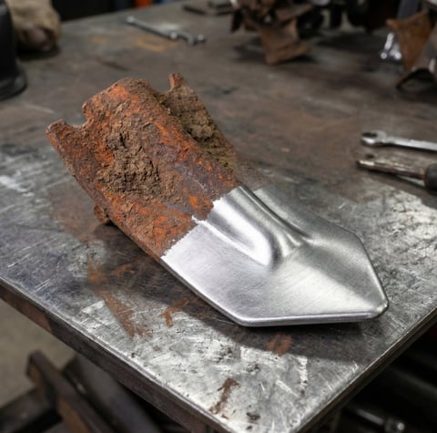 Rusted metal part attached to a shiny metallic shovel head on a work surface in a workshop